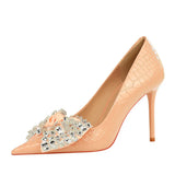 Zingj Korean Version Of Fashion Banquet High Heels Fine Heel Super High Heel Shallow Mouth Pointed Water Diamond Bow Single Shoe