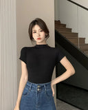 Zingj Desire Wind Half High Turtleneck Short-Sleeved T-Shirt Female 2024 Summer Slim Show Thin Bottom Shirt With Student Jacket Ins