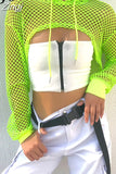 Streetwear Neon Green Mesh Fishnet Top Women Tshirt Perspective Smock Long Sleeve Women's T-shirts Sexy Cropped