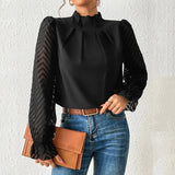Women's Autumn And Winter New Half-High Collar Spliced Wave Chiffon Long-Sleeved Top