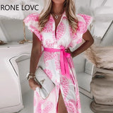 Women Casual Graphic Flying Sleeves Button and Tape Midi