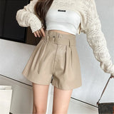 Autumn Winter Women's Faux PU Leather Shorts with Belted New High Waist Ladies Elegant Short Trousers Pocket