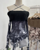 Shot Shoulder Cross Hanging Neck Knitting Mesh Yarn Coat Irregular Ribbon Horn Long-Sleeved T-Shirt