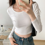 Solid Color Long-Sleeved T-Shirt Women's Early Autumn New Short Style Slim U-Tie Bottom Shirt With A Hundred Collarbone