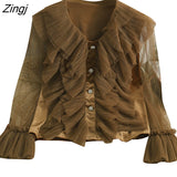 Style Vintage Velvet Blouse Women Elegant Ruffles Mesh Shirt Autumn Office Ladies Button Long Sleeve Oversized Shirt