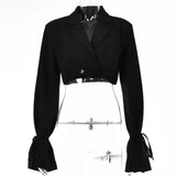 Women Blazer V Neck Long Sleeve Cropped Blazer Autumn Chic Button Lace Up Turn-down Collar