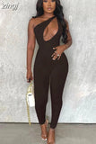 Hollow Out One-Shoulder Summer Jumpsuit Women's Solid Backless Sleeveless Party Clubwear Overalls Female Skinny