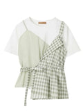 Womens T-shirt Korean Fake 2 Pieces Solid Patchwork Lattice Tops Short Sleeve Irregular O-neck Casual Tee Clothes
