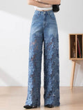 Elegant Jeans For Women High Waist Lace Patchwork Pantalones Hollow Out Denim Trousers Casual Loose All Match Pants