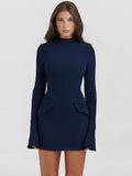 Dark Blue Long Sleeve Bodycon Mini Dress-Outfit