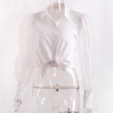Blouse Women Patchwork Puff Long Sleeve Elegant Ladies White Shirt Fashion Designed Organza Transparent