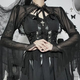 Vertical Collar Lace Splicing Strap Burnt Cuff Blouse Dark Wind Short Style Perspective Blouse