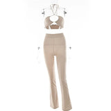 Casual Backless Two Pieces Sets Women Sexy Halter Hollow Out Top Long Flare Pant Suit Party Outfits Strapless