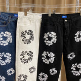 Autumn New High Street Flower Printed Jeans For Men And Women With High Waist And Thin Casual