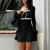 Girl Lace Lace Stitching Bow Square Collar Slim Low Waist Solid Color Pleated Dress