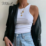 O Neck Summer Knit Crop Top Sleeveless Women Sexy Basic T Shirt White Off Shoulder Ribbed Black Tank Top