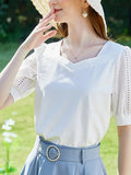 BELIEVE YOU Summer New Women's T-shirt French Hollow Out Short Sleeve T-shirts Slim Square Collar T-shirt Top Women