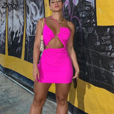 Women Fashion Sexy Sleeveless Single Shoulder Solid Color Holow Out Summer Short Dress for Party