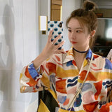 Shirts Women Long Sleeve Print Ulzzang Cat Turn-down Collar Students Designed Womens Korean Style with Buttons