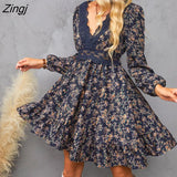 PETAL Ditsy Floral Lace Mini Dress For Woman Sexy V-neck Ruffled Long Sleeve Party Dress 2023 Spring Autumn Female