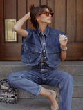 Women's Solid Color Big Pocket Sleeveless High Sense Cardigan Polo Collared Shirt Denim Top