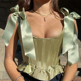 Solid Square Collar Patchwork Sleeveless Backless Lace Ribbons Y2K Corset Tops Summer Women Sweety Sexy
