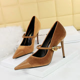 Zingj Banquet High Heels Fine Heel Shallow Pointed Top Xishi Suede Stitching Pointed Metal Buckle One Word Strip Single