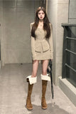 Sweet Hot Girl Suit Women's Autumn Square Collar Long-sleeved Knitted Shirt High Waist Short Skirt Fashion Two-piece
