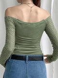 Off Shoulder Mesh Long Sleeve Blouse- Outfit