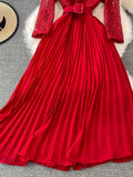 Women Lace Patchwork Pleated Long Dress Vintage Round Neck High Waist Big Swing Draped Vestidos Female Green/Red Robe