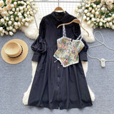Zingj Autumn Light French Court Bubble Sleeves Single Breasted Shirt Dress + Sling Printed Vest Two-Piece