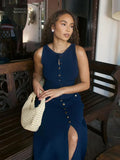New Fake Pockets Knitted Long Dress Fashion Single Button Sleeveless O Neck Slim Dresses Summer Lady Commute Party