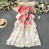 Series Holiday Dress Women's 2024 New Design Feeling Printed Lotus Leaf Edge One Word Shoulder-Length Chiffon