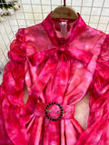 Autumn Rose Red/Green Tie Dye Print Party Long Dress Elegant Bow Collar Lantern Sleeve High Waist Ruffle Hem Vestidos