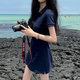 Zingj Chic Spring Retro Niche Lapel Slim Slim Pure Color Short Sleeve Short Package Hip Dress Short