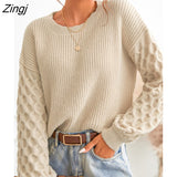 PETAL Honeycomb Knit Long Sleeve Sweater For Woman Tan Casual Loose Waistcoat 2023 Autumn Winter Pullovers Top