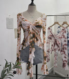 Kinking Of The Net Yarn Irregularly Kinked Lotus Lobe Slings Shoulder Horn Sleeve T-Shirt Short Top