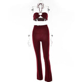 Casual Backless Two Pieces Sets Women Sexy Halter Hollow Out Top Long Flare Pant Suit Party Outfits Strapless