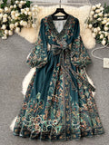 Early Spring New French High-End Style One-Piece Lace-Up Waist Printed Dress Women's Light Extravagant And Elegant