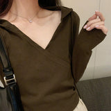 V-Necked, Shoulder Padded, Long-Sleeved T-Shirt With New Autumn And Winter Waist And Short Style Lazy Wind