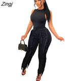 Sleeve Bodysuit and Pants Fringe Tassel Trousers Two Piece Set Tracksuit Fall Women Clothing Sexy Skinny