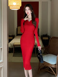 Zingj And Winter Polo Collar Long-Sleeved Slim Knitted Dress Medium-Long Bottomed Sweater Skirt French Platycodon Grandiflorum