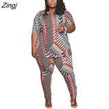Women Sets Plus Size XL-5XL Print O-neck Tee tops jogger sweatpant suit two piece set sport matching set
