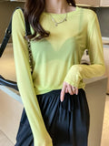 Korean Fashion Mesh T-shirts Women Vintage Transparent Tops for Women Loose White Transparent Office Lady
