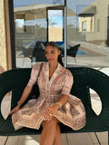 Elegant Pink Printed Belt Mini Dress For Women Fashion Lapel Short Puff Sleeve A-line Dresses Spring Summer Party