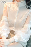Lace Mesh Shirts Spring White Blouse Stand Collar Lantern Sleeve Tops Flowers Embroidery Women's Clothing Elegant