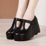 Heel Slope Shallow Mouth Single Shoes 2023 Autumn New Muffin Thick Bottom Waterproof Table Round Head Large Size Female Mother
