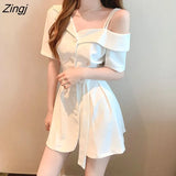Shoulder Short Sleeve Dresses Solid Harajuku Vintage Elegant Fashion Korean Mini Summer Chic Females Party Clothes