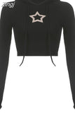 Harajuku Knitted Star Patches Hooded T-shirts for Women Skinny Crop Top Casual Basic Autumn Tee Shirts Korean