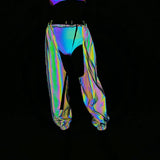 Fashion Sexy Open-Crotch Dazzle Reflective Pants Female Ins Hip Hop Trend Laser Cargo Casual Pants-Outfit